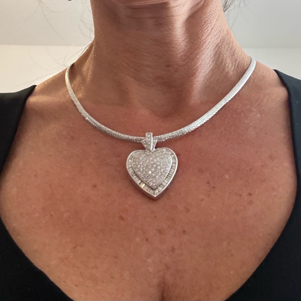 Silver Heart Pendant Necklace with Pavé Crystals - Women Jewelry